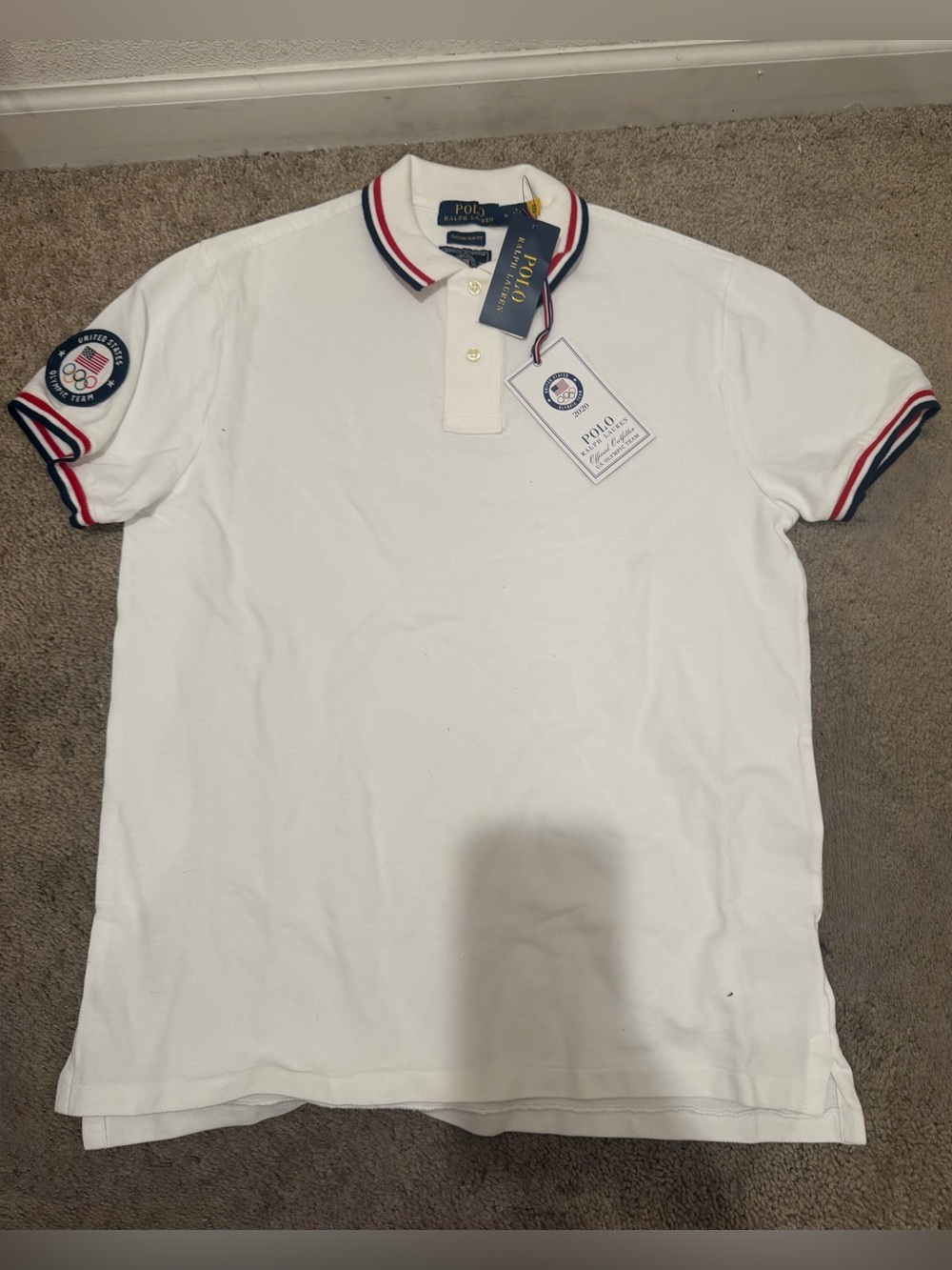 “New” Polo Ralph Lauren White Polo Shirt with Red & Navy Trim sizeS,M